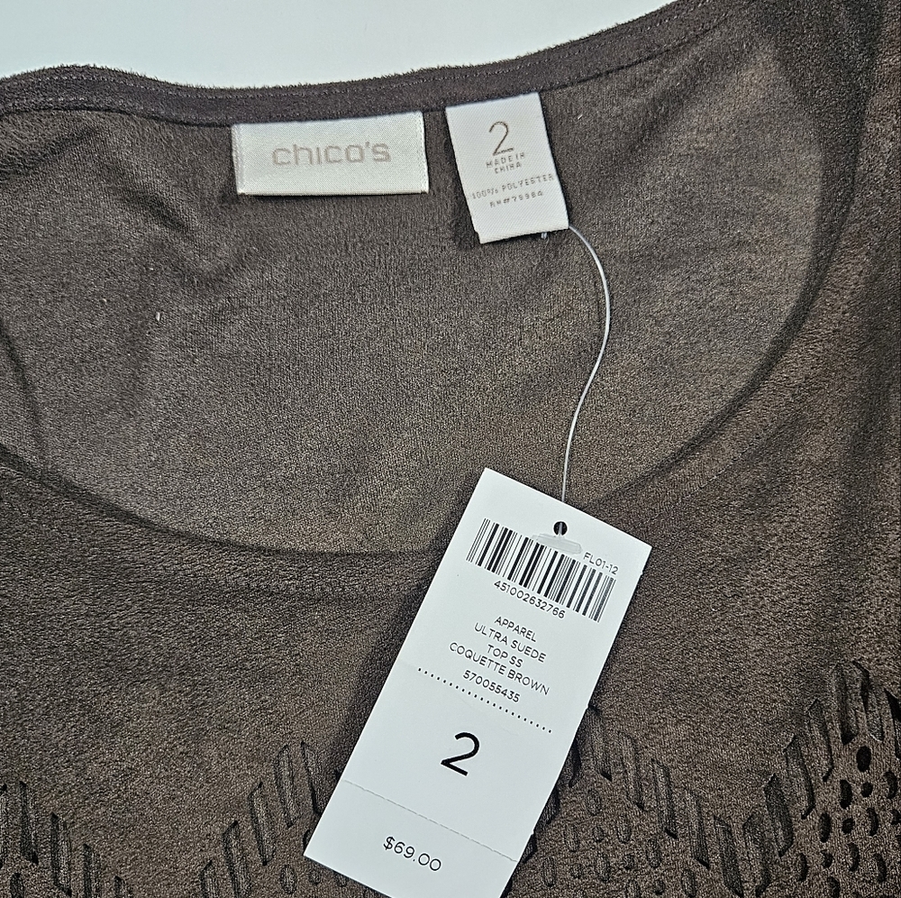 Chicos Chocolate Brown Ultra Suede Coquette Top Size 2 US 12 Large Sheer Blouse - Picture 10 of 12